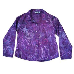 Chicos 3 Purple Embroidered Button Down Silk Shirt Blouse XL 16